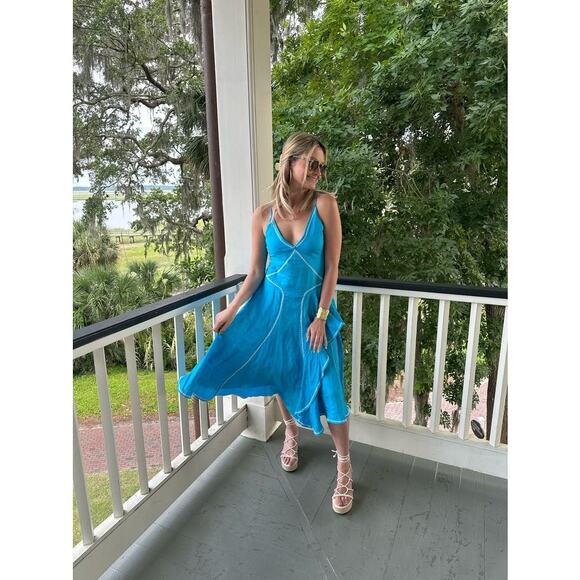 ESTEBAN CORTAZAR COLLECTIVE Aqua Hourglass White Stitch Midi Dress Size Medium - Picture 13 of 15